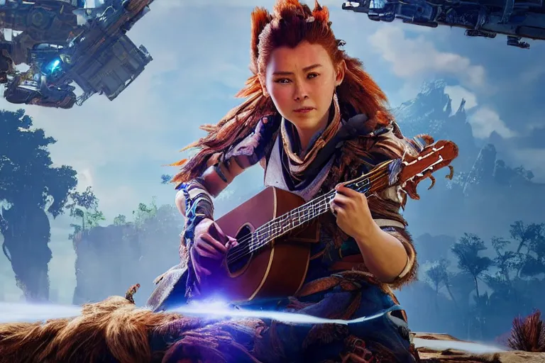 Prompt: cinematic picture of aloy from the horizon zero dawn videogame playing the guitar in the international space station