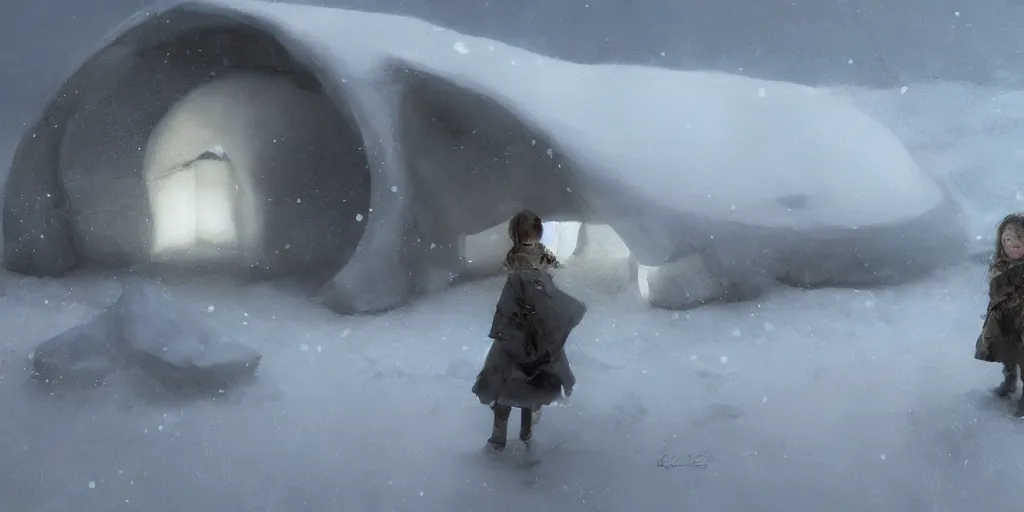 Image similar to young girl back to us in front of an igloo in the tundra,, mysterious matte painting by ruan jia and craig mullins, trending on artstation