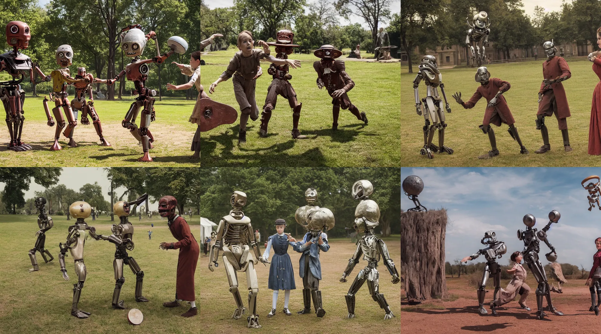 Prompt: detailed, sharp, a boy and a girl playing frisbee with two humanoid droids, wearing 1850s era clothes, in a park on an alien planet, extremely highly detailed, highly detailed faces, 70 mm still from a period sci fi color movie, 4k, HD, cinematic lighting