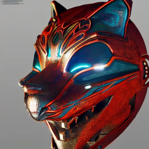 Image similar to cybertronic tribal mask, fox, japanese pottery, vivid colors, wood, metal, intricate details, trending on cgsociety, concept art, glowing eyes, sharp focus, ultra realistic details, cinematic atmosphere, global illumination, shadows