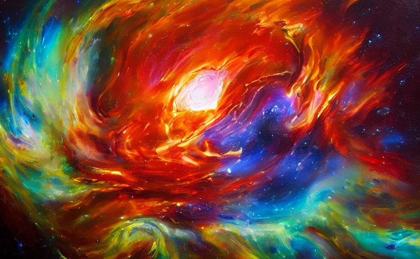 Image similar to an abstract oil painting of an unbelievably beautiful space nebula ; swirling sheets of light and fire ; hyper - detailed ; an extraordinary masterpiece!!! ; flawless ; trending on artstation