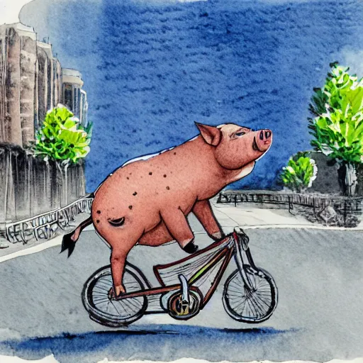 Prompt: a pig riding a bicycle on the road by the seaport,detailed watercolor pen ink illustraion by Hugo Prades