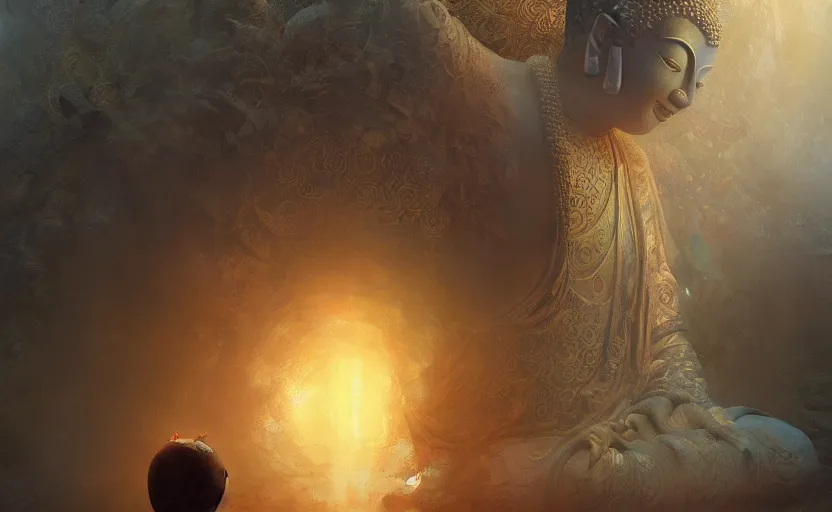 Image similar to The mystical awakening of Buddha, intricate, elegant, volumetric lighting, digital painting, highly detailed, artstation, sharp focus, illustration, concept art, ruan jia, steve mccurry