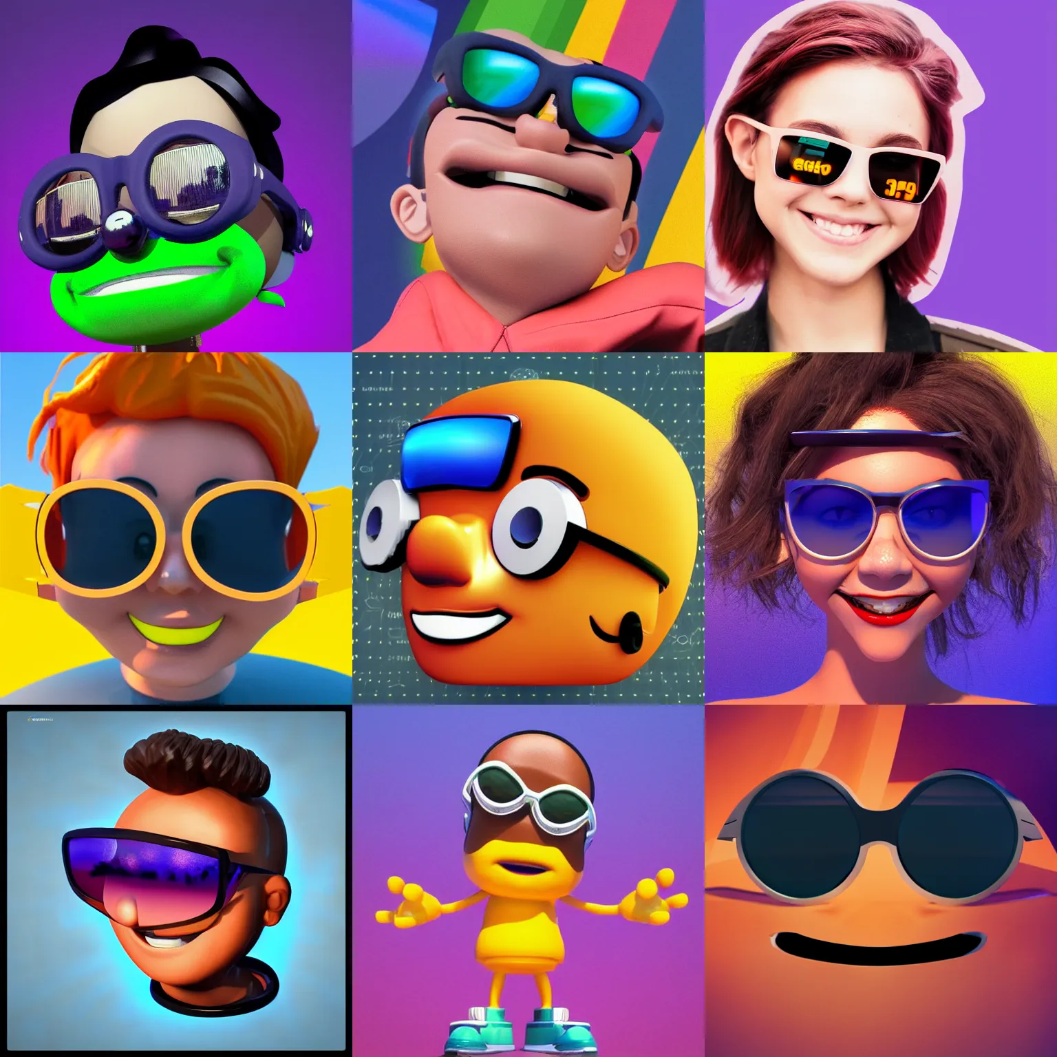 Prompt: Octane render. Trending on artstation. Character portrait. 3d sticker. 3d 1990s emoji. Smiling with sunglasses. 😎. Geocities. Yahoo. AOL. Netscape.