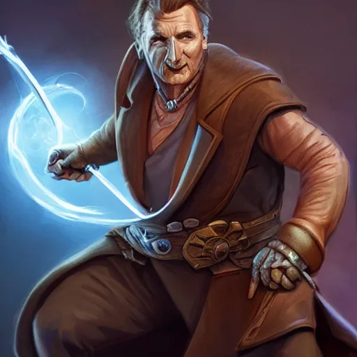 Image similar to Liam Neeson as Burl Gage, Antimage, casting Ghost Whip,, iconic Character illustration by Wayne Reynolds for Paizo Pathfinder RPG