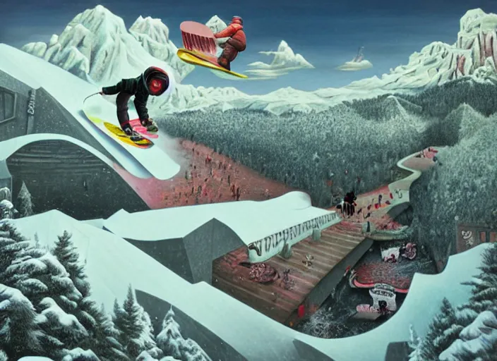 Image similar to snowboarding into another dimension, lowbrow, matte painting, 3 - d highly detailed, in the style of mark ryden,