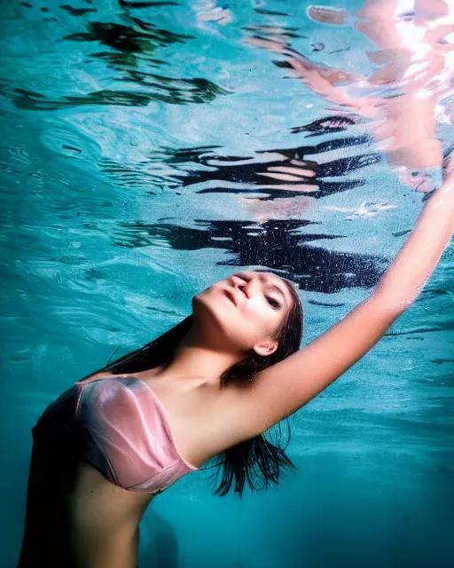 Prompt: a portrait photo of a beautiful young woman floating underwater with reflections, serene and beautiful, dark background, single top lighting