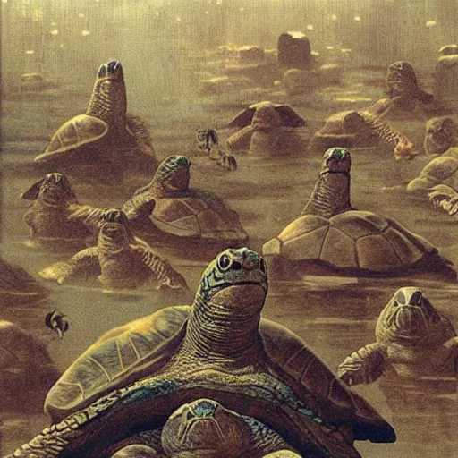 Image similar to mega turtles in an underwater ruined city of Atlantis , by Michael Sowa