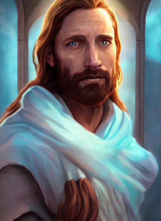 Prompt: A fantasy comic book style portrait painting of Jesus Christ as a Mage, unreal 5, DAZ, hyperrealistic, octane render, RPG portrait, dynamic lighting