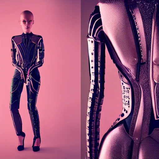 Image similar to Fashion photography of a woman wearing a futuristic outfit inspired by Ex Machina (2014), intricate, artistic photography, cinematic lighting, insanely detailed, cinestill 800t, Vogue magazine