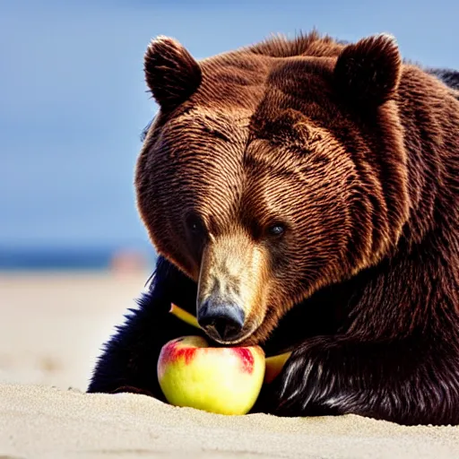 Prompt: national geographic photograph of a bear eating an apple, on the beach