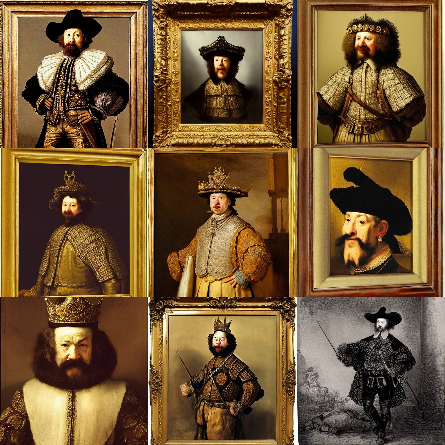 Prompt: gentleman in a costume and crown royal power, court politics, baroque aesthetics, highly detailed, medieval made by rembrandt