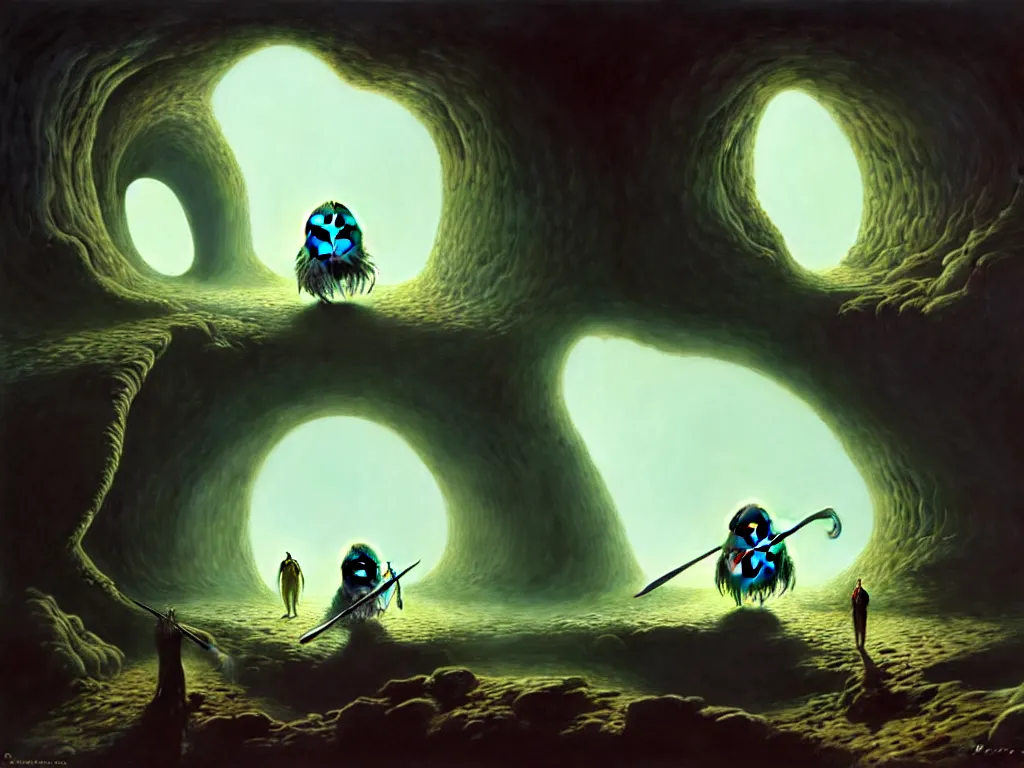 Image similar to a big mouth turns into a cave with strange bearded beings with scythes, 4 k, art by jaroslaw jasnikowski