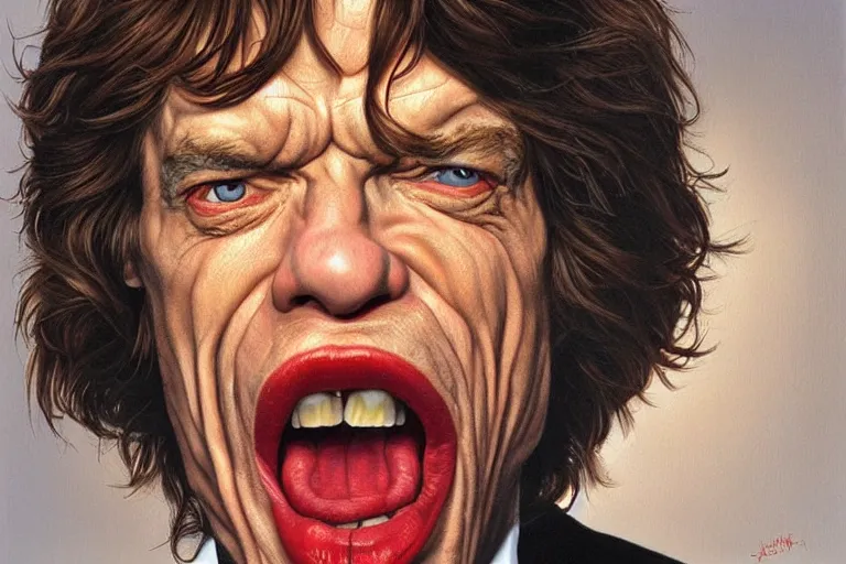 Prompt: mick jagger mouth is as big as his head, Jason Edmiston