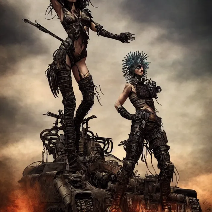 Image similar to beautiful apocalyptic woman with Mohawk, standing on mad max panzer tank, hyper-detailed, smooth, sharp focus, 4k ultra hd, fantasy dark art, tank girl, artgerm, artstation, octane render, elegant, detailed digital painting, apocalyptic art