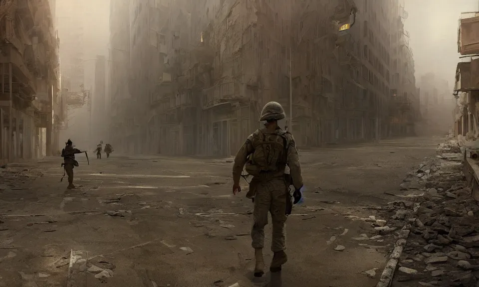 Prompt: Futuristic matte painting of a US soldier walking through an abandoned San Francisco, World War 2, volumetric light scattering, highly detailed, digital art, Andreas Rocha, Greg Rutkowski, Darek Zabrocki, ArtStation, CGSociety, Unreal Engine, 4K, 8K