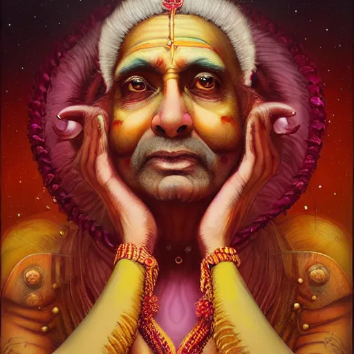 Image similar to wise old Indian guru, multiple arms, large ears, pink and gold , by Anato Finnstark, Tom Bagshaw, Brom