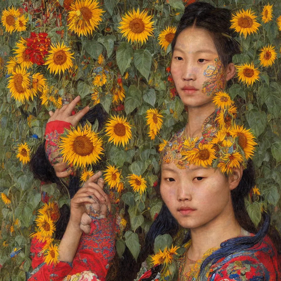 Prompt: a young tibetan woman wearing colourful face paint surrounded by bright intricate patterns of sunflowers and other plants, by edgar maxence and caravaggio and michael whelan, intricate painting, hyperrealistic, finely detailed and beautiful aesthetic face, 8 k resolution