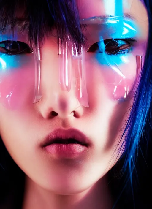 Prompt: a close-up risograph long shot of cyberpunk japanese model girl with black eyes and pretty face wearing lots of transparent and cellophane accessories, blue hour, twilight, cool, portrait, Kodachrome, ISO1200,