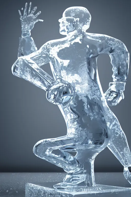 Prompt: transparent ice sculpture of squatting man in tracksuit, shiny, ultra realistic render, 4k, volumetric lighting, highly detailed, studio lighting, octane render, glowng, cold mist