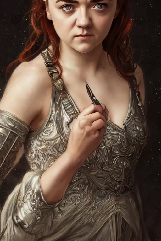 Image similar to Maisie Williams cute, fantasy, intricate, elegant, highly detailed, digital painting, 4k, HDR, concept art, smooth, sharp focus, illustration, art by artgerm and H R Giger and alphonse mucha