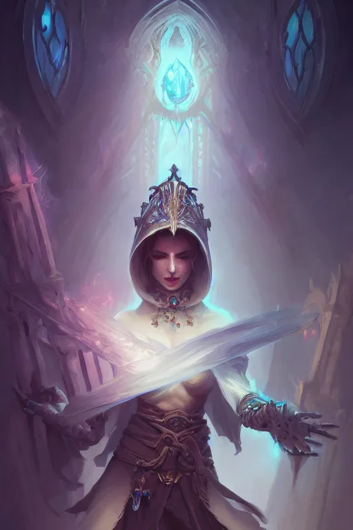 Prompt: beautiful necromancer, full body shot, hood, d & d, fantasy, intricate, elegant, highly detailed, digital painting, artstation, concept art, matte, sharp focus, illustration, hearthstone, art by artgerm and greg rutkowski and alphonse mucha