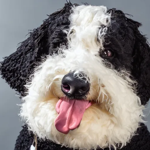 Image similar to a closeup photorealistic photograph of a cute smiling knitted bernedoodle judge dog dressed in a black gown, presiding over the courthouse. indoor image, professional capture, well lit shot. this 4 k hd image is trending on artstation, featured on behance, well - rendered, extra crisp, features intricate detail, epic composition and the style of unreal engine.