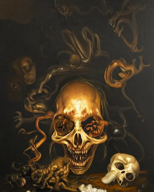 Image similar to refined gorgeous blended oil painting with black background by christian rex van minnen rachel ruysch dali todd schorr of a chiaroscuro portrait of an extremely bizarre disturbing mutated man with shiny skin acne dutch golden age vanitas intense chiaroscuro cast shadows obscuring features dramatic lighting perfect composition masterpiece