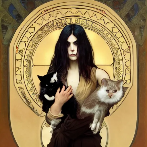 Image similar to cute goth girl with long dark hair parted sideways thick eyebrows and dark eyes, she is holding a cat in her arms, by juan villafuerte, greg rutkowski and alphonse mucha, pexels contest winner, high quality photo, rtx, hd