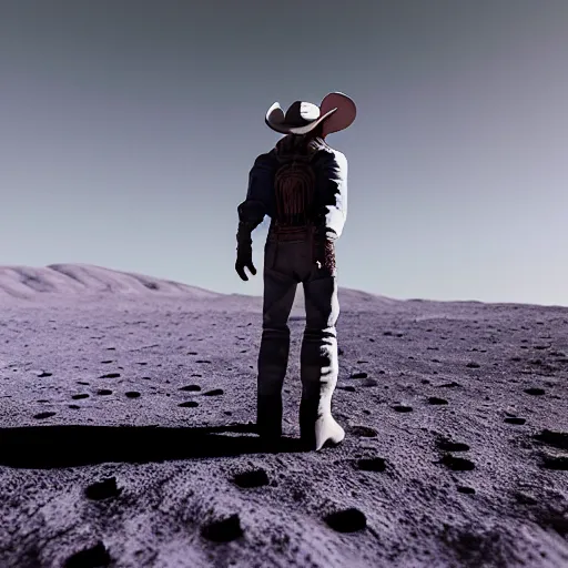 Image similar to cowboy standing on the moon, looking up at earth among the stars, photorealistic, octane render, blender render, unreal engine, 3 5 mm