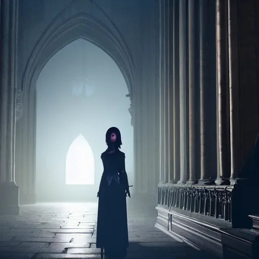 Prompt: medium shot of mary elizabeth winstead as a vampire in a gothic cathedral at night, gloomy, cinematic, ground mist, volumetric light.