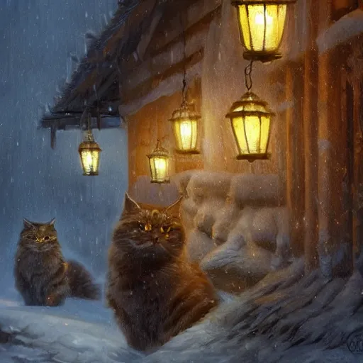 Prompt: concept art, siberian cat behind lanterns, 8 k, by james gurney, greg rutkowski, john howe, artstation