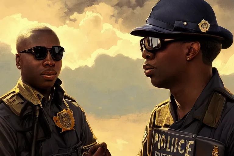 Image similar to Beautiful portrait of a skin glowing male police officer wearing cool shades. wide angle, magic, fire, darkness, dramatic lighting, Africa, intricate, wild, highly detailed, digital painting, artstation, concept art, smooth, sharp focus, illustration, art by artgerm and greg rutkowski and alphonse mucha, footage from space camera