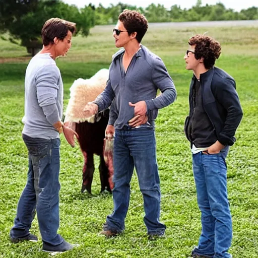 Prompt: mark wahlberg and andy samberg talking to farm animals