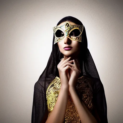 Image similar to fantasy arabian woman with mask, portrait photo, studio light, hdr, commercial shot