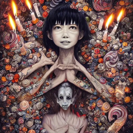 Image similar to epic view of a giant birthday cake with lit candles by junji ito and james jean and esao andrews, cake, candles, 4 k, hyperdetailed, hyperrealistic, trending on artstation, pencil art on paper, horror, dramatic lighting