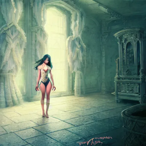 Image similar to dwayne johnson as a beautiful young girl in seductive clothing by ross tran, walking in a castle painted by sana takeda, rtx reflections, very high intricate details, painting, digital anime art, medium shot, mid - shot, composition by ilya kuvshinov, lighting by greg rutkowski