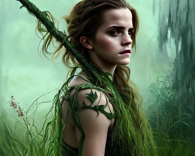 Image similar to mindblowing portrait of emma watson as a swamp witch, green colored skin!!, holding a caduceus staff, messy hair, deep focus, d & d, fantasy, intricate, elegant, highly detailed, digital painting, artstation, concept art, matte, sharp, illustration, hearthstone, art by artgerm and greg rutkowski and alphonse mucha