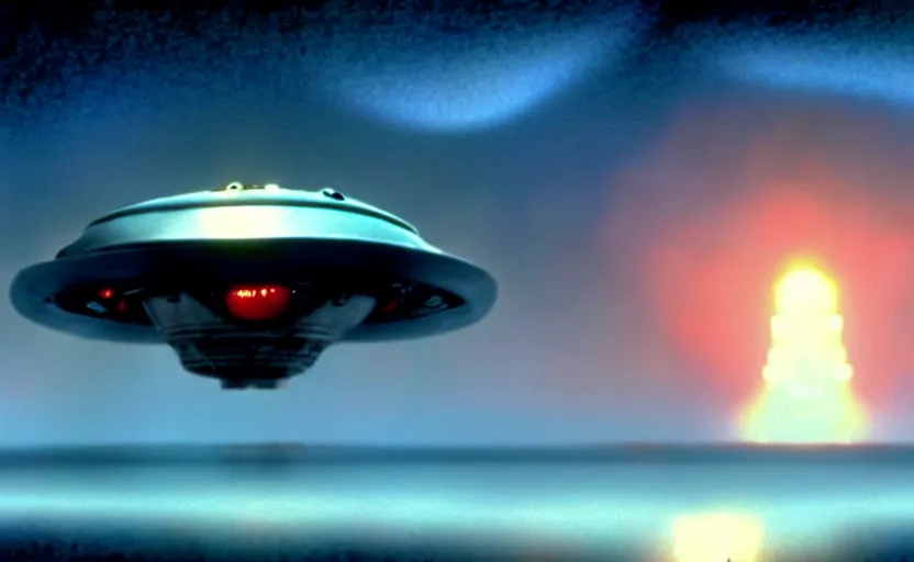 Prompt: a cell - shaded cartoon movie still from independence day ( 1 9 9 6 ) of a chrome ufo. very dull muted colors, hd, 4 k, hq