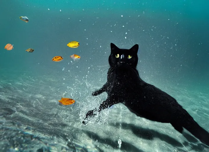 Image similar to a photograph of a black cat swimming deep in the ocean among fish, focus shot, 35mm film, award winning photography, National Geographic, 8k resolution, ultra detail, underwater sun lighting