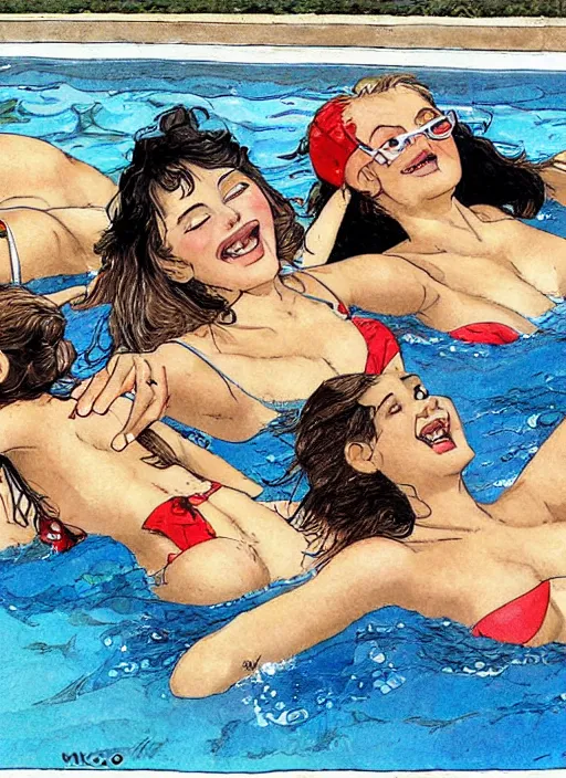 Image similar to girls having fun in the swimming pool, illustration by Milo Manara