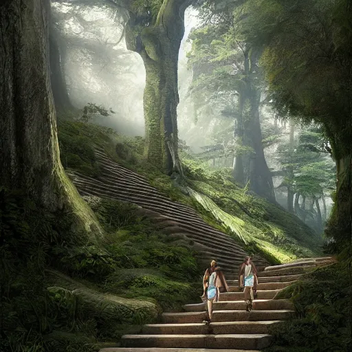 Image similar to a painting of a person walking up a set of stairs in a forest, a detailed matte painting by michael james smith, cgsociety, fantasy art, matte painting, cryengine, vray