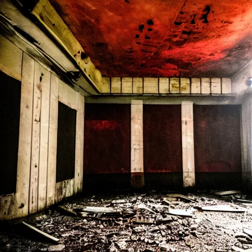 Prompt: photography of inside of an abandoned old cinema fitlh and grim apex creepy dark atmosphere fog dust, ray of sun from the rooftop, colorized, wide angle, 1 6 mm lens fujifilm, grainy film