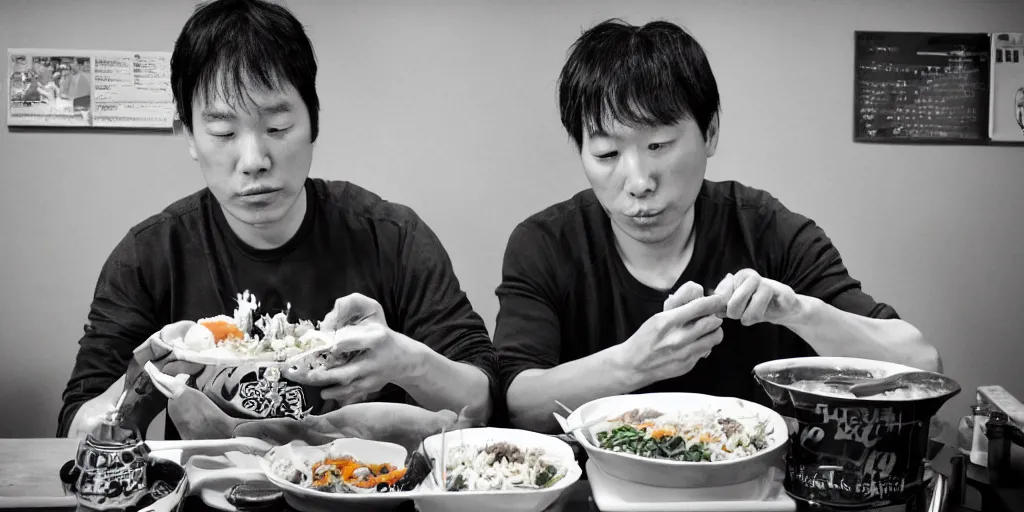 Prompt: a man eating bibimbap by huskmitnavn, black and white