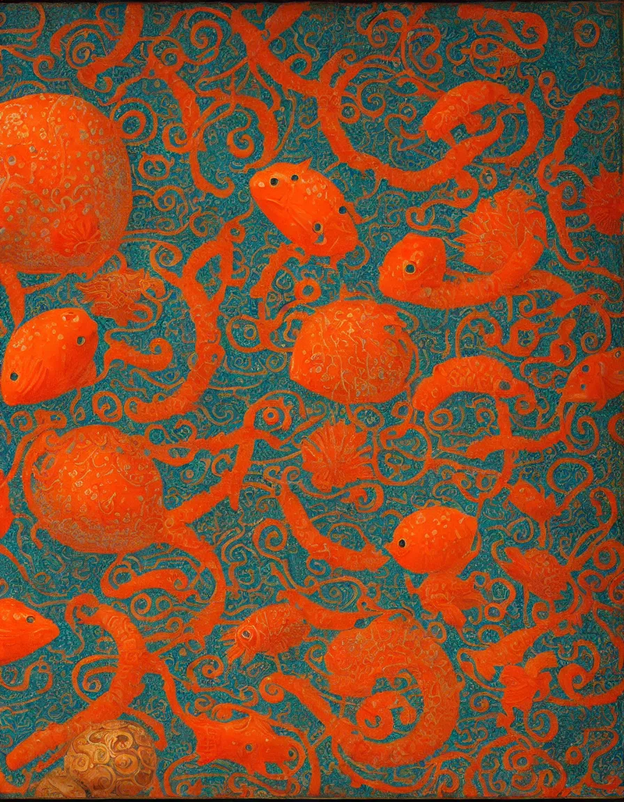 Image similar to transparent vase of coral in the sky and under the sea decorated with a dense field of stylized scrolls that have opaque orange outlines, with colorful shells and orange fishes, ambrosius benson, oil on canvas, hyperrealism, light color, no hard shadow, around the edges there are no objects