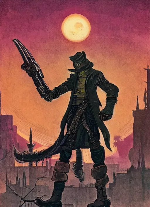 Image similar to a retrofuturism hunter from bloodborne in yharnam, style by retrofuturism, faded red and yelow, by malcolm smith, old comics in city, nicholas roerich