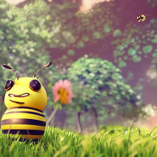 Image similar to cute bee at bee university, photorealistic, octane render, rtx, hdr, unreal engine, digital art widescreen 8 k, studio ghibli, disney, wlop