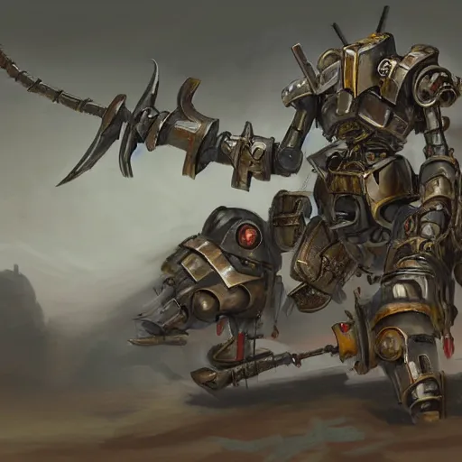 Image similar to portrait concept painting of a rampaging ashigaru mecha war construct, destroying a small village fantasy painting, dungeons and dragons, magic the gathering art, of bamboo, laquer and steel, steampunk - inspired by brian froud and greg rutkowski and jessica rossier