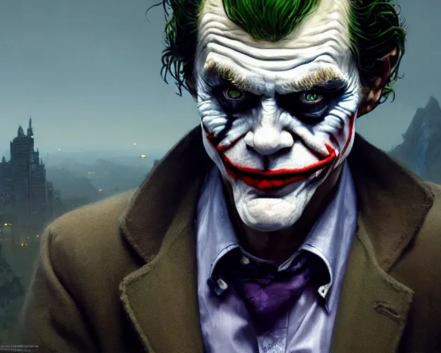 Image similar to highly detailed portrait of willem dafoe as the joker, in gta v, stephen bliss, unreal engine, fantasy art by greg rutkowski, loish, rhads, ferdinand knab, makoto shinkai and lois van baarle, ilya kuvshinov, rossdraws, tom bagshaw, global illumination, radiant light, detailed and intricate environment