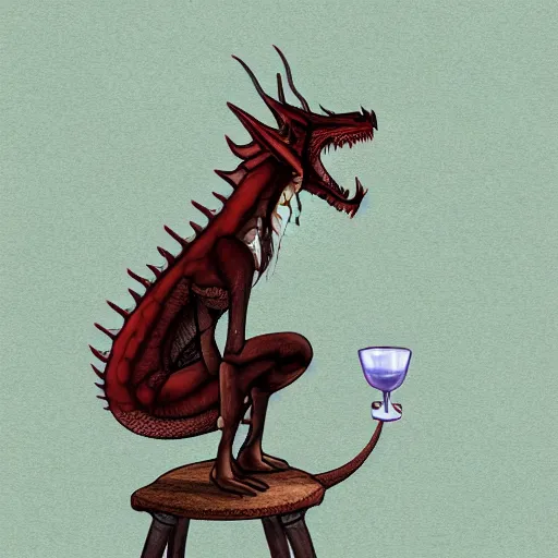 Image similar to dragon sitting on a high top stool waiting patiently for a drink, digital art